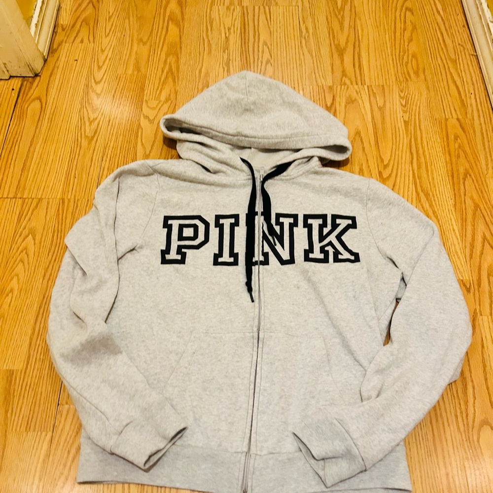 VS PINK Gray Zip-Up Hoodie with Black Lettering sz M